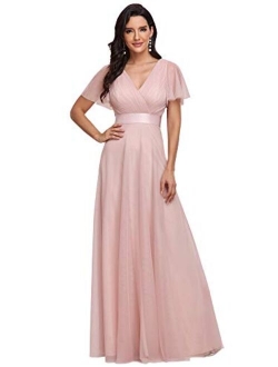 Women's Double V-Neck Empire Waist Front Wrap Bridesmaid Dress 7962