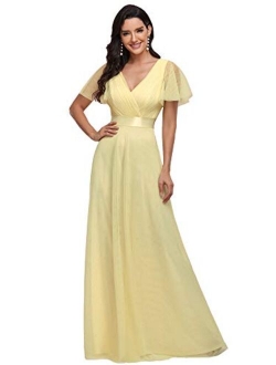 Women's Double V-Neck Empire Waist Front Wrap Bridesmaid Dress 7962