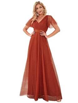 Women's Double V-Neck Empire Waist Front Wrap Bridesmaid Dress 7962