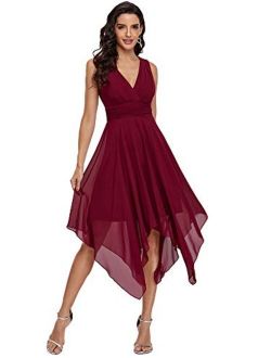 Women Double V Neck Ruched Waist A Line Cocktail Party Dress 3142