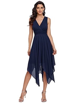 Women Double V Neck Ruched Waist A Line Cocktail Party Dress 3142