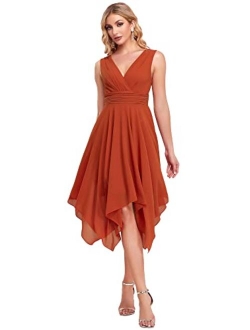 Women Double V Neck Ruched Waist A Line Cocktail Party Dress 3142