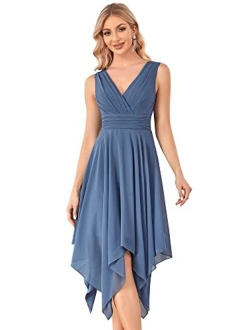 Women Double V Neck Ruched Waist A Line Cocktail Party Dress 3142