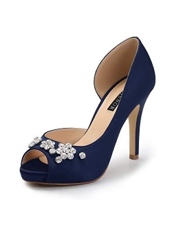 ERIJUNOR Women's Peep Toe Platform High Heel Rhinestones Satin Evening Prom Wedding Shoes