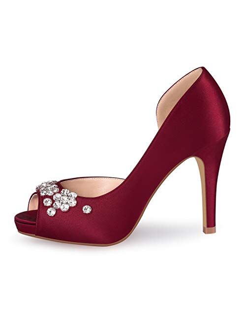 ERIJUNOR Women's Peep Toe Platform High Heel Rhinestones Satin Evening Prom Wedding Shoes