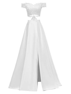 yinyyinhs Womens Two Piece Prom Dresses Long Off Shoulder Lace Satin Slit Formal Dress