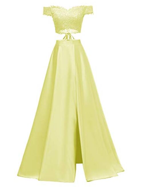 yinyyinhs Womens Two Piece Prom Dresses Long Off Shoulder Lace Satin Slit Formal Dress