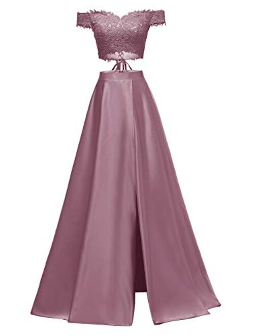 yinyyinhs Womens Two Piece Prom Dresses Long Off Shoulder Lace Satin Slit Formal Dress