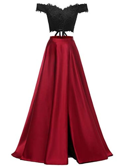 yinyyinhs Womens Two Piece Prom Dresses Long Off Shoulder Lace Satin Slit Formal Dress