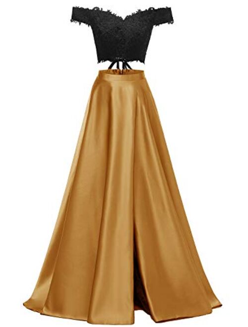 yinyyinhs Womens Two Piece Prom Dresses Long Off Shoulder Lace Satin Slit Formal Dress