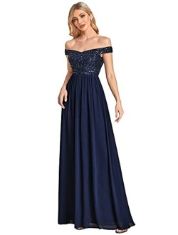 Women's Long Glitter Off Shoulder A Line Chiffon Evening Gowns for Women 50067