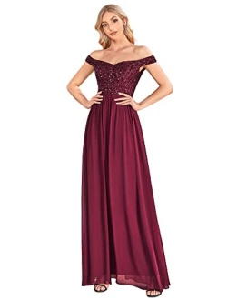 Women's Long Glitter Off Shoulder A Line Chiffon Evening Gowns for Women 50067