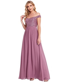Women's Long Glitter Off Shoulder A Line Chiffon Evening Gowns for Women 50067