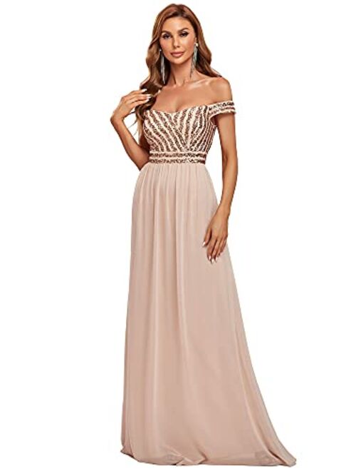 Ever-Pretty Women's Long Glitter Off Shoulder A Line Chiffon Evening Gowns for Women 50067