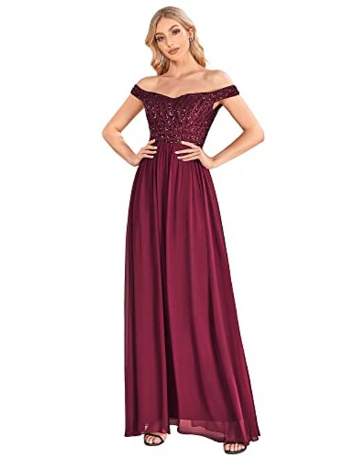 Ever-Pretty Women's Long Glitter Off Shoulder A Line Chiffon Evening Gowns for Women 50067