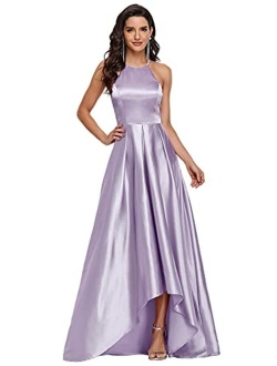 Women's Halter A-line High-Low Satin Long Prom Dress 0245