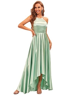 Women's Halter A-line High-Low Satin Long Prom Dress 0245