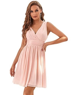 Women's Sleeveless Knee-Length V Neck Ruched Chiffon Formal Party Dress 3989