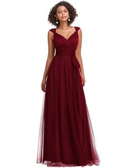 Women's Elegant V Neck Floor Length A Line Empire Waist Long Tulle Bridesmaid Dresses 07303