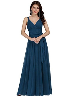 Women's Elegant V Neck Floor Length A Line Empire Waist Long Tulle Bridesmaid Dresses 07303