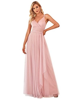 Women's Elegant V Neck Floor Length A Line Empire Waist Long Tulle Bridesmaid Dresses 07303