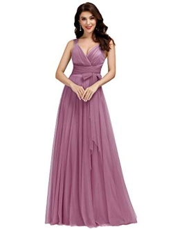 Women's Elegant V Neck Floor Length A Line Empire Waist Long Tulle Bridesmaid Dresses 07303