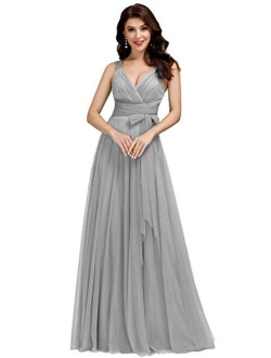 Women's Elegant V Neck Floor Length A Line Empire Waist Long Tulle Bridesmaid Dresses 07303