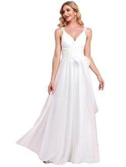 Women's Elegant V Neck Floor Length A Line Empire Waist Long Tulle Bridesmaid Dresses 07303