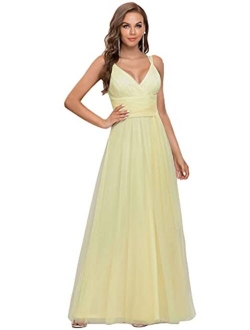 Women's Elegant V Neck Floor Length A Line Empire Waist Long Tulle Bridesmaid Dresses 07303