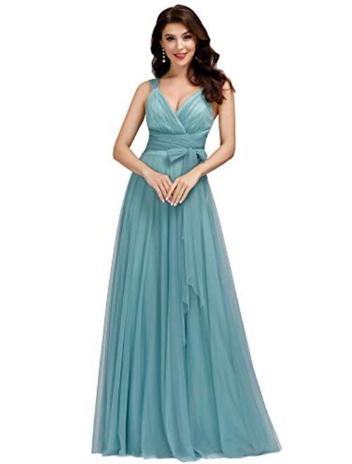 Ever-Pretty Women's Elegant V Neck Floor Length A Line Empire Waist Long Tulle Bridesmaid Dresses 07303