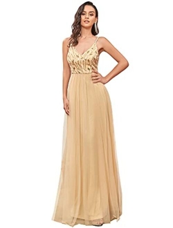 Women's Sleeveless V Neck Sequin Embroidery Tulle Long Wedding Party Evening Dress 50090