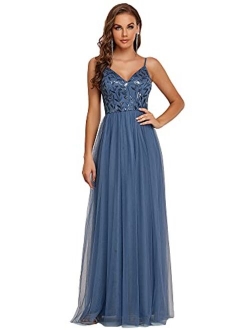 Women's Sleeveless V Neck Sequin Embroidery Tulle Long Wedding Party Evening Dress 50090