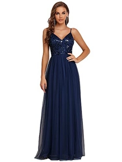 Women's Sleeveless V Neck Sequin Embroidery Tulle Long Wedding Party Evening Dress 50090