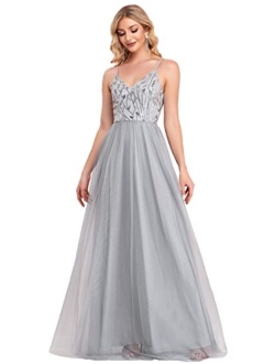 Women's Sleeveless V Neck Sequin Embroidery Tulle Long Wedding Party Evening Dress 50090