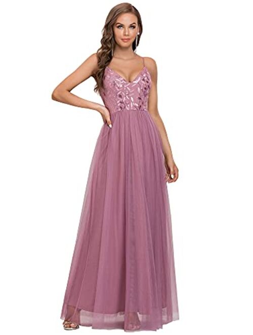 Ever-Pretty Women's Sleeveless V Neck Sequin Embroidery Tulle Long Wedding Party Evening Dress 50090
