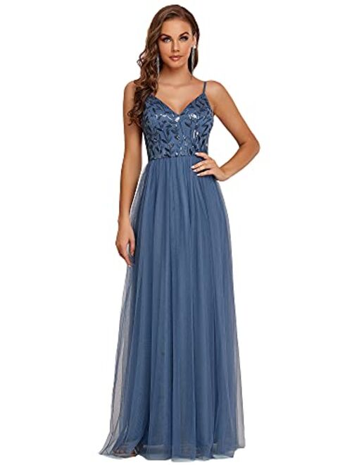 Ever-Pretty Women's Sleeveless V Neck Sequin Embroidery Tulle Long Wedding Party Evening Dress 50090