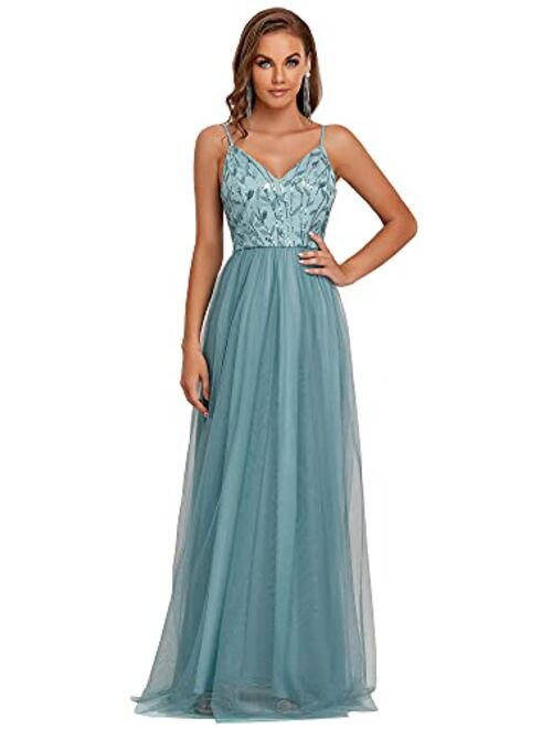 Ever-Pretty Women's Sleeveless V Neck Sequin Embroidery Tulle Long Wedding Party Evening Dress 50090