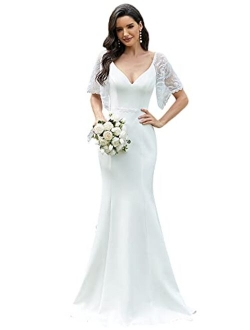 Women's Deep V-Neck Fishtail Maxi Dress Long Wedding Guest Dress 0550