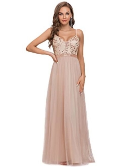 Women's Maxi Spaghetti A-line V Neck Sequin Embroidered Sparkle Evening Dress 50062