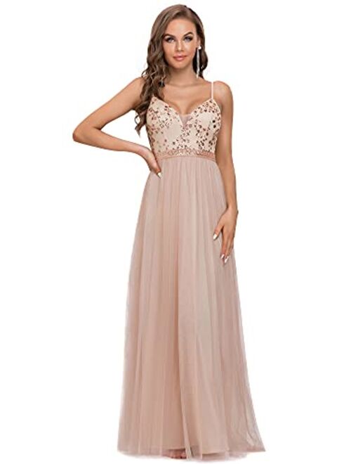 Ever-Pretty Women's Maxi Spaghetti A-line V Neck Sequin Embroidered Sparkle Evening Dress 50062