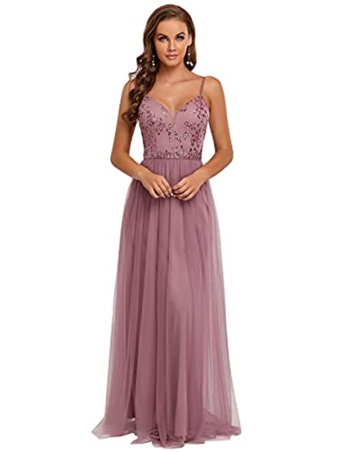 Ever-Pretty Women's Maxi Spaghetti A-line V Neck Sequin Embroidered Sparkle Evening Dress 50062