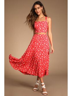 Seasonal Blooms Red Floral Print Tiered Midi Skirt