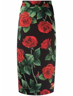 rose-print high-waisted pencil skirt