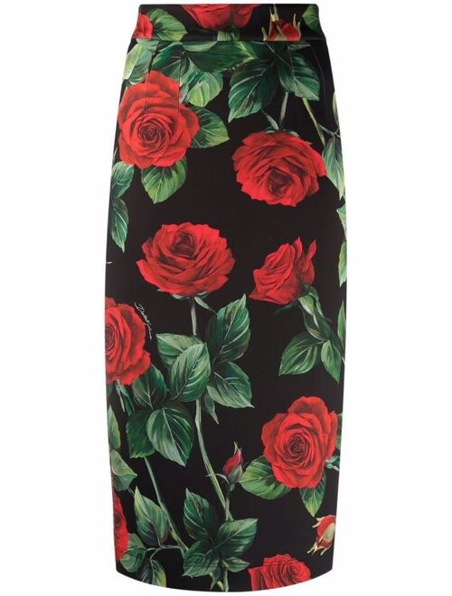 Dolce & Gabbana rose-print high-waisted pencil skirt