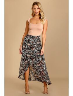 Breezy Autumn Black Floral Print High-Low Maxi Skirt