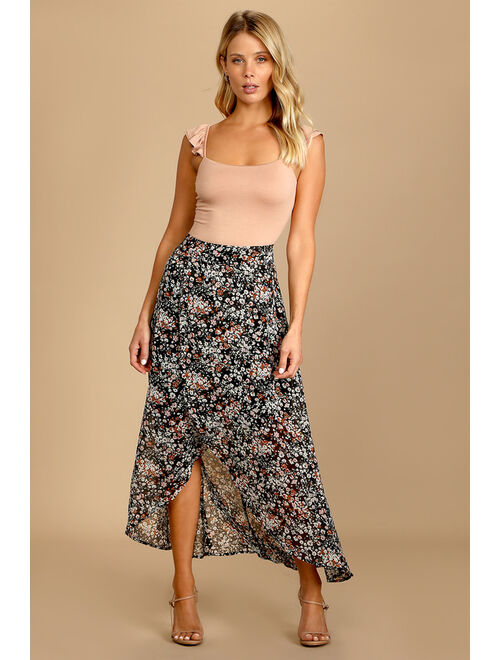 Lulus Breezy Autumn Black Floral Print High-Low Maxi Skirt