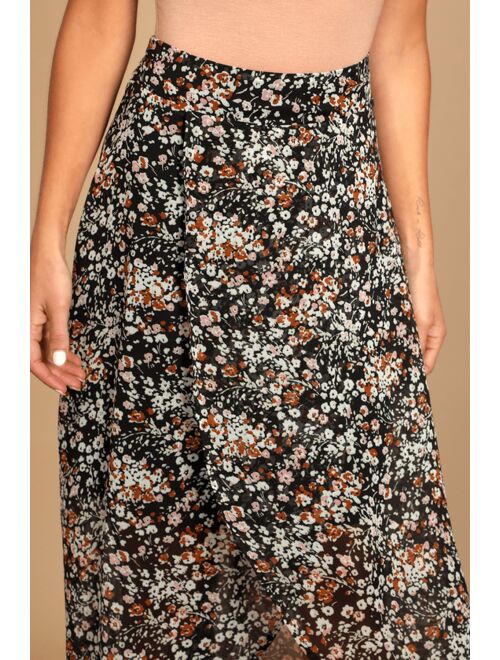 Lulus Breezy Autumn Black Floral Print High-Low Maxi Skirt