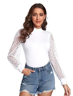 Women's Polka Dots Sheer Mesh Long Sleeve Mock Neck Blouse