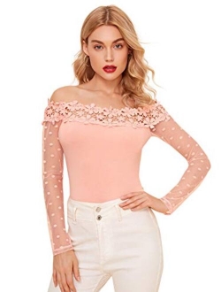 Women's Sheer Mesh Long Sleeve Off Shoulder Lace Slim Fit Tee Shirt Top