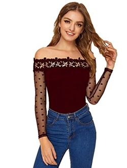 Women's Sheer Mesh Long Sleeve Off Shoulder Lace Slim Fit Tee Shirt Top